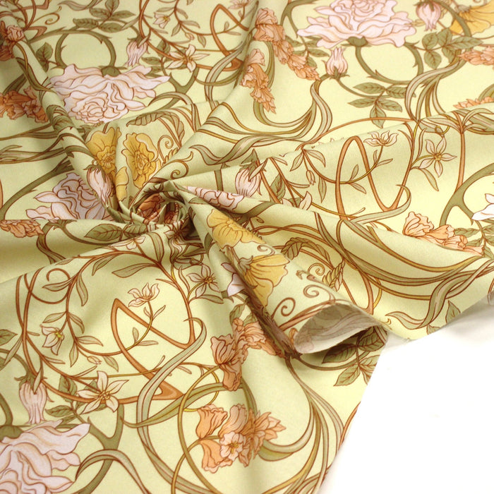 Tissu cotonnade VICTOR au feuillage ART NOUVEAU multicolore, fond vert anis - OEKO - TEX STANDARD 100 - TissusPapi.com