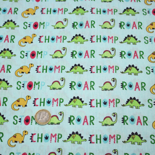 Tissu popeline coton DINO ROAR, bleu aux motifs dinosaures multicolores - TissusPapi.com