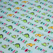 Tissu popeline coton DINO ROAR, bleu aux motifs dinosaures multicolores - TissusPapi.com
