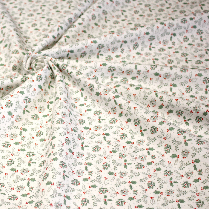 Tissu coton NOËL blanc aux petites feuilles de houx - OEKO-TEX