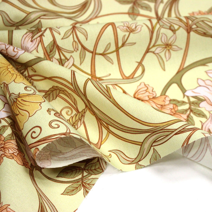 Tissu cotonnade VICTOR au feuillage ART NOUVEAU multicolore, fond vert anis - OEKO - TEX STANDARD 100 - TissusPapi.com