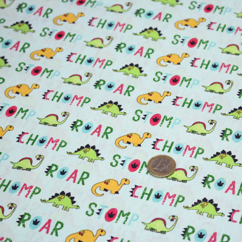 Tissu popeline coton DINO ROAR, bleu aux motifs dinosaures multicolores - TissusPapi.com
