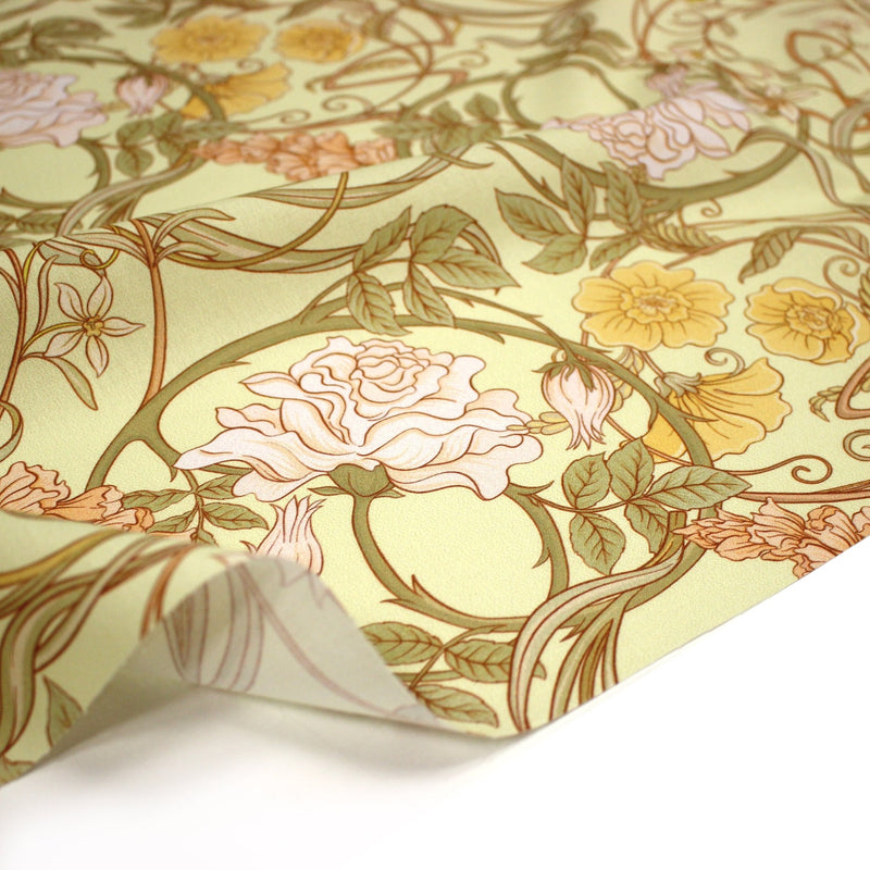 Tissu cotonnade VICTOR au feuillage ART NOUVEAU multicolore, fond vert anis - OEKO - TEX STANDARD 100 - TissusPapi.com