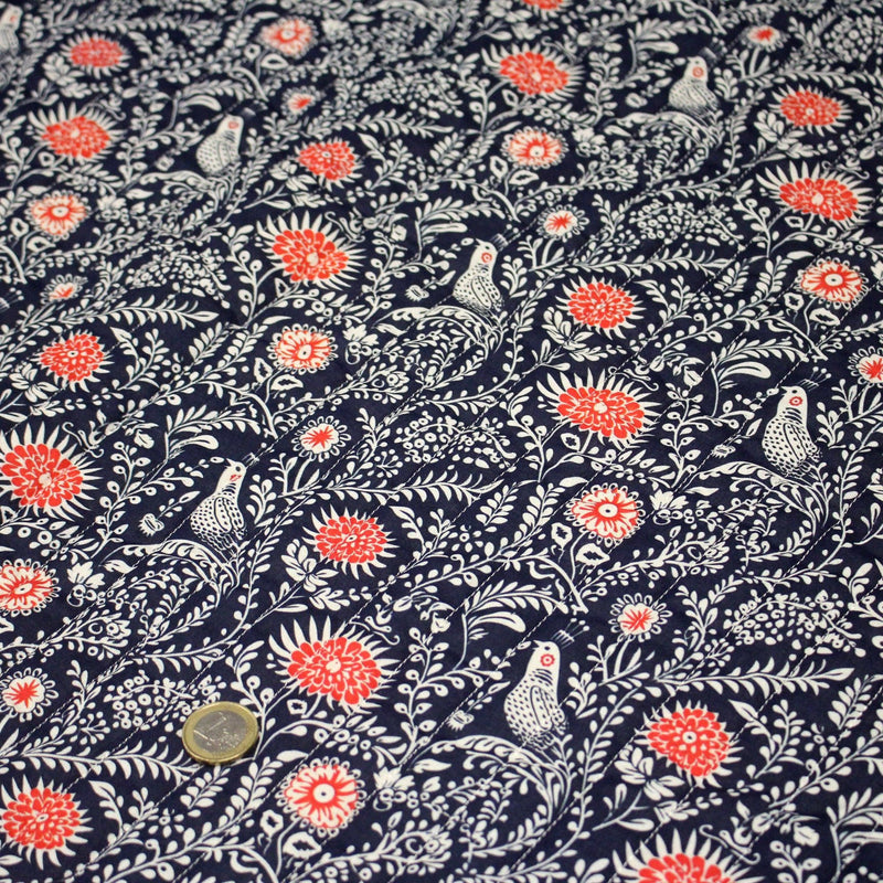 Tissu matelassé motif fleuri indien bleu roi & blanc - COLLECTION KALAMKARI - OEKO - TEX - TissusPapi.com