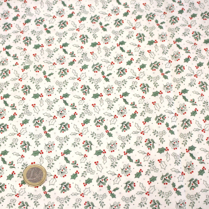 Tissu coton NOËL blanc aux petites feuilles de houx - OEKO-TEX