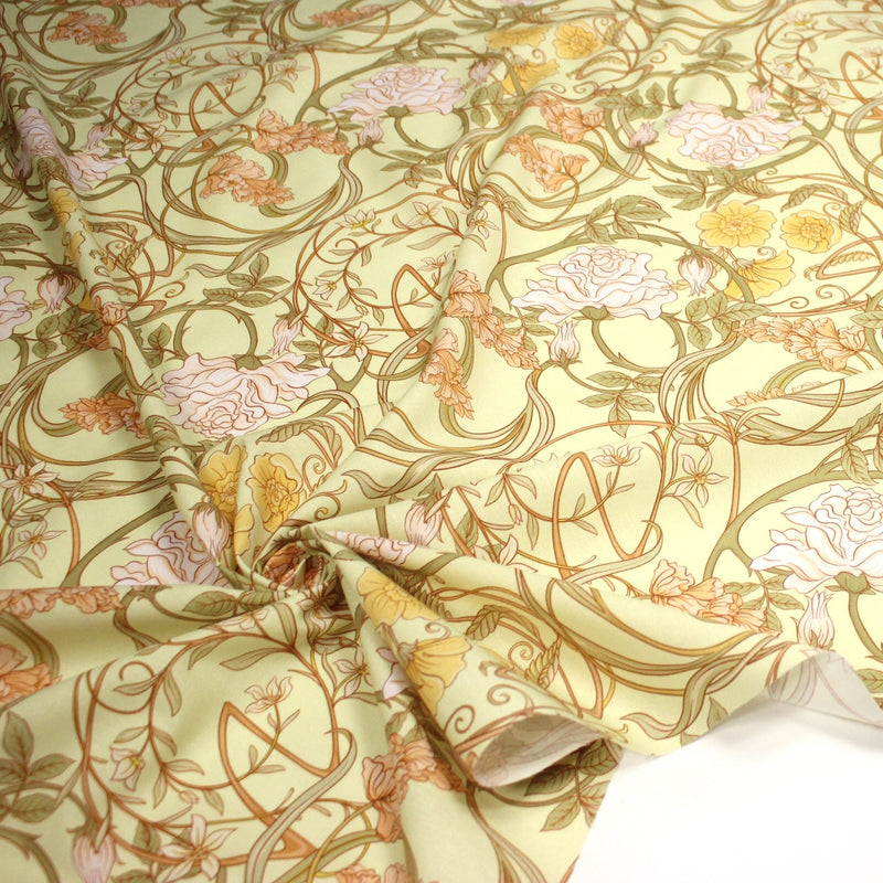Tissu cotonnade VICTOR au feuillage ART NOUVEAU multicolore, fond vert anis - OEKO - TEX STANDARD 100 - TissusPapi.com