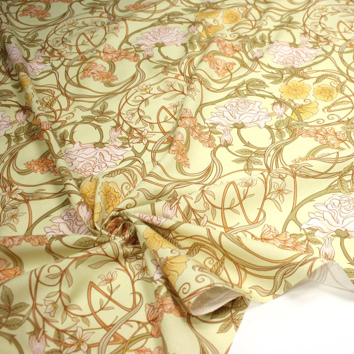 Tissu cotonnade VICTOR au feuillage ART NOUVEAU multicolore, fond vert anis - OEKO - TEX STANDARD 100 - TissusPapi.com
