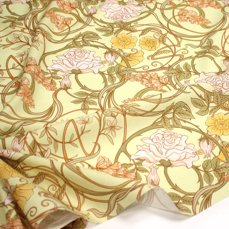 Tissu cotonnade VICTOR au feuillage ART NOUVEAU multicolore, fond vert anis - OEKO - TEX STANDARD 100 - TissusPapi.com