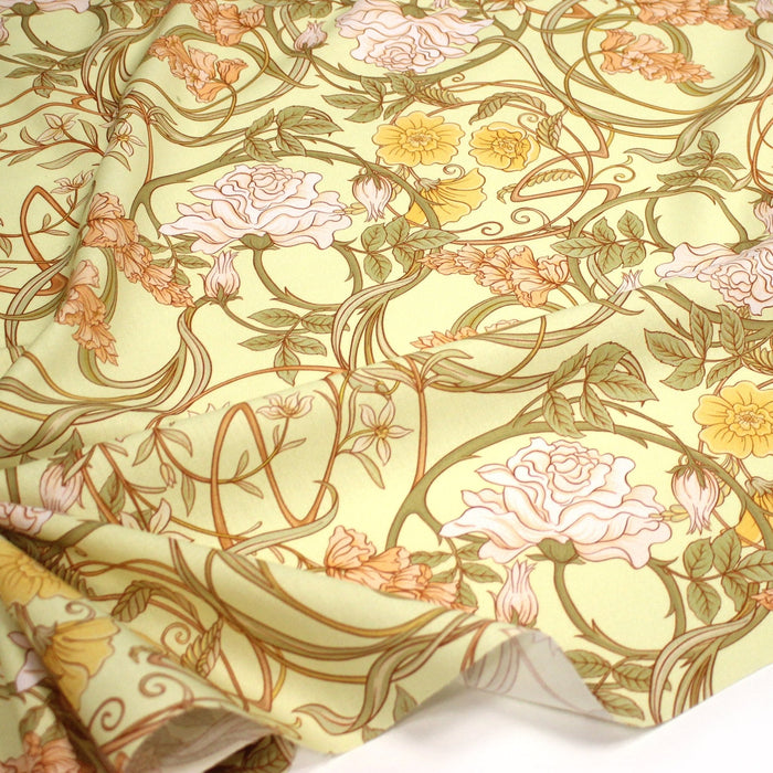 Tissu cotonnade VICTOR au feuillage ART NOUVEAU multicolore, fond vert anis - OEKO - TEX STANDARD 100 - TissusPapi.com