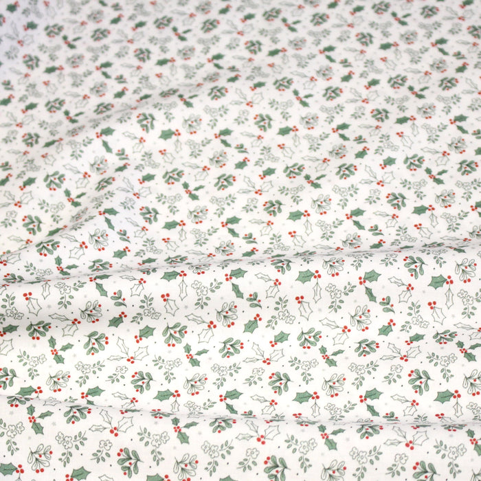 Tissu coton NOËL blanc aux petites feuilles de houx - OEKO-TEX