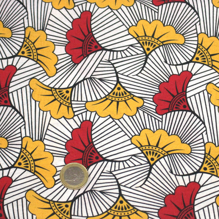Tissu cotonnade motif WAX floral, fleurs rouges et jaunes - OEKO-TEX STANDARD 100