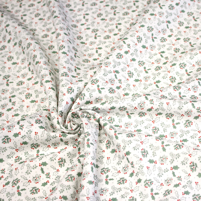 Tissu coton NOËL blanc aux petites feuilles de houx - OEKO-TEX