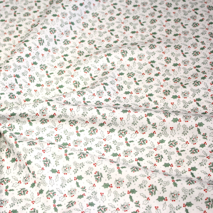 Tissu coton NOËL blanc aux petites feuilles de houx - OEKO-TEX