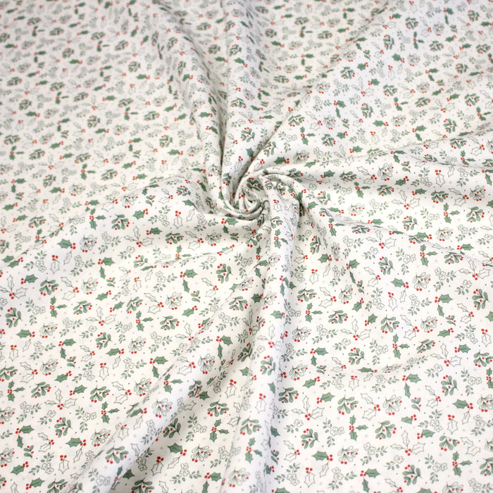 Tissu coton NOËL blanc aux petites feuilles de houx - OEKO-TEX