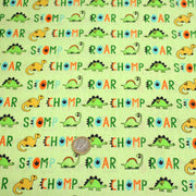 Tissu popeline coton DINO ROAR, vert aux motifs dinosaures multicolores - TissusPapi.com
