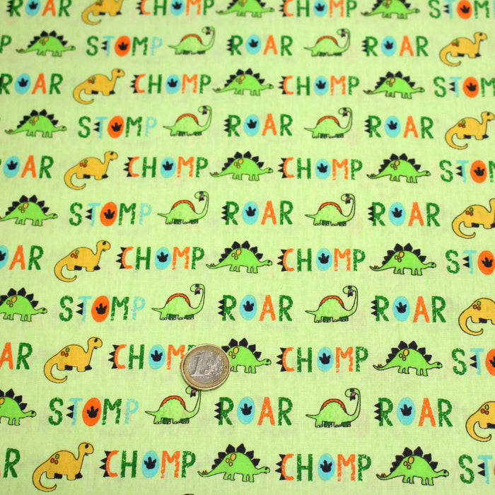 Tissu popeline coton DINO ROAR, vert aux motifs dinosaures multicolores - TissusPapi.com