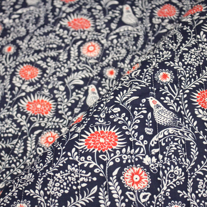 Tissu matelassé motif fleuri indien bleu roi & blanc - COLLECTION KALAMKARI - OEKO - TEX - TissusPapi.com