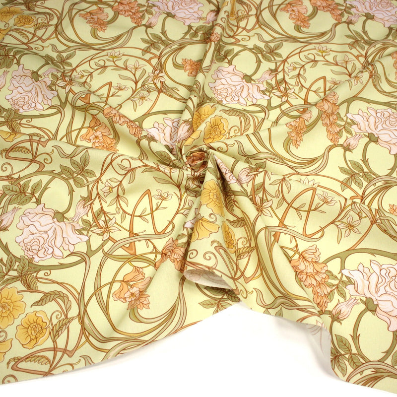Tissu cotonnade VICTOR au feuillage ART NOUVEAU multicolore, fond vert anis - OEKO - TEX STANDARD 100 - TissusPapi.com