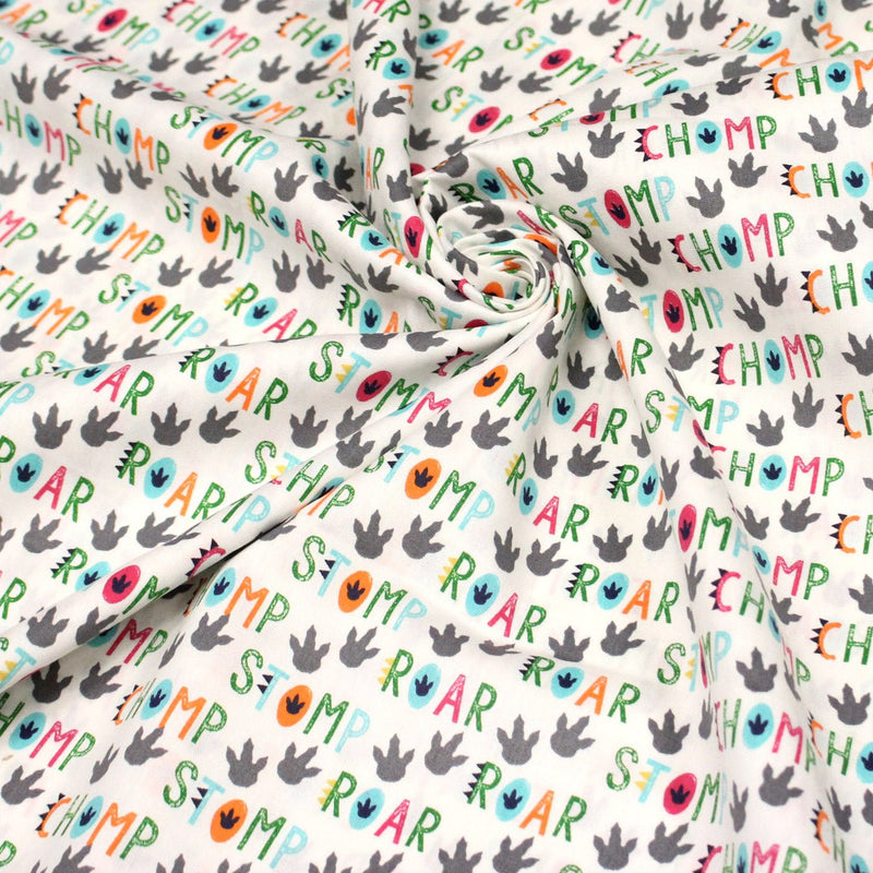 Tissu popeline coton DINO ROAR, blanc aux motifs dinosaures multicolores - TissusPapi.com