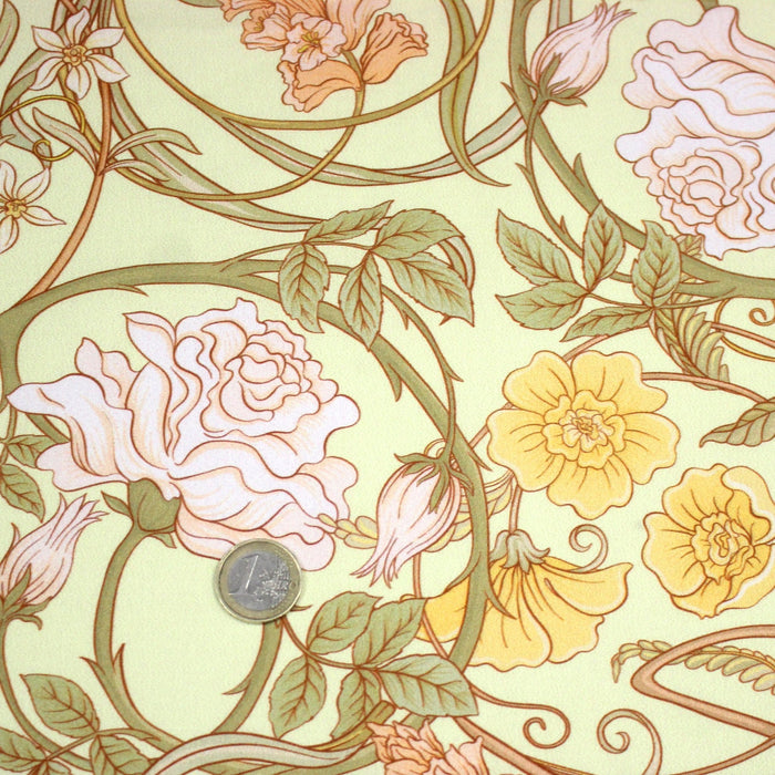 Tissu cotonnade VICTOR au feuillage ART NOUVEAU multicolore, fond vert anis - OEKO - TEX STANDARD 100 - TissusPapi.com