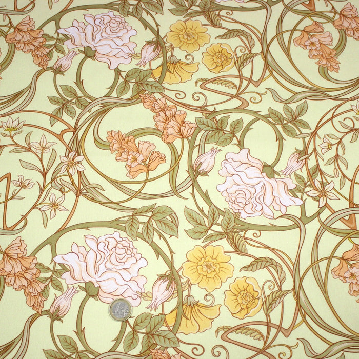 Tissu cotonnade VICTOR au feuillage ART NOUVEAU multicolore, fond vert anis - OEKO - TEX STANDARD 100 - TissusPapi.com