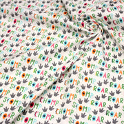 Tissu popeline coton DINO ROAR, blanc aux motifs dinosaures multicolores - TissusPapi.com