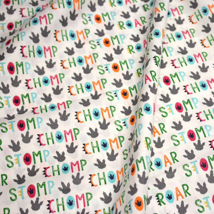 Tissu popeline coton DINO ROAR, blanc aux motifs dinosaures multicolores - TissusPapi.com