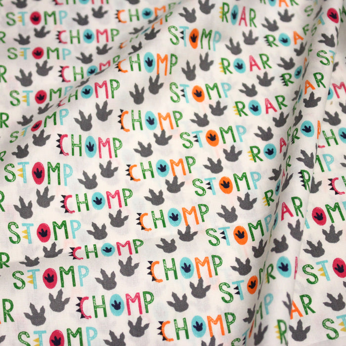Tissu popeline coton DINO ROAR, blanc aux motifs dinosaures multicolores - TissusPapi.com