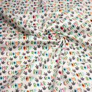 Tissu popeline coton DINO ROAR, blanc aux motifs dinosaures multicolores - TissusPapi.com