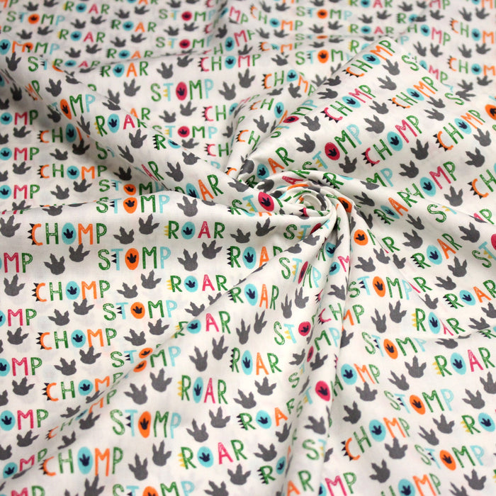 Tissu popeline coton DINO ROAR, blanc aux motifs dinosaures multicolores - TissusPapi.com