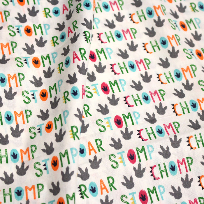Tissu popeline coton DINO ROAR, blanc aux motifs dinosaures multicolores - TissusPapi.com