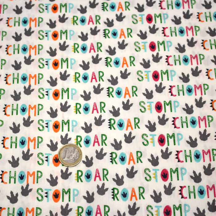 Tissu popeline coton DINO ROAR, blanc aux motifs dinosaures multicolores - TissusPapi.com