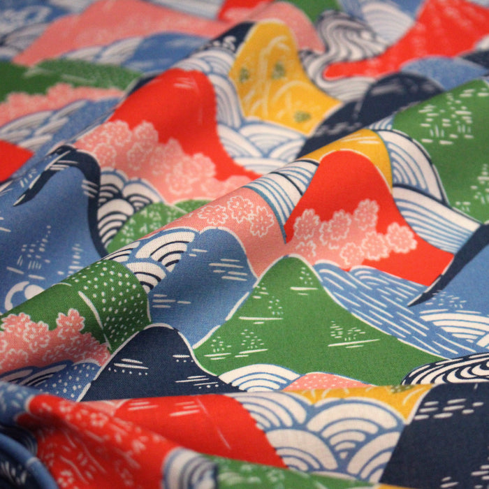 Tissu YAMA, Montagnes japonaises multicolores : cotonnade ou gabardine - OEKO-TEX