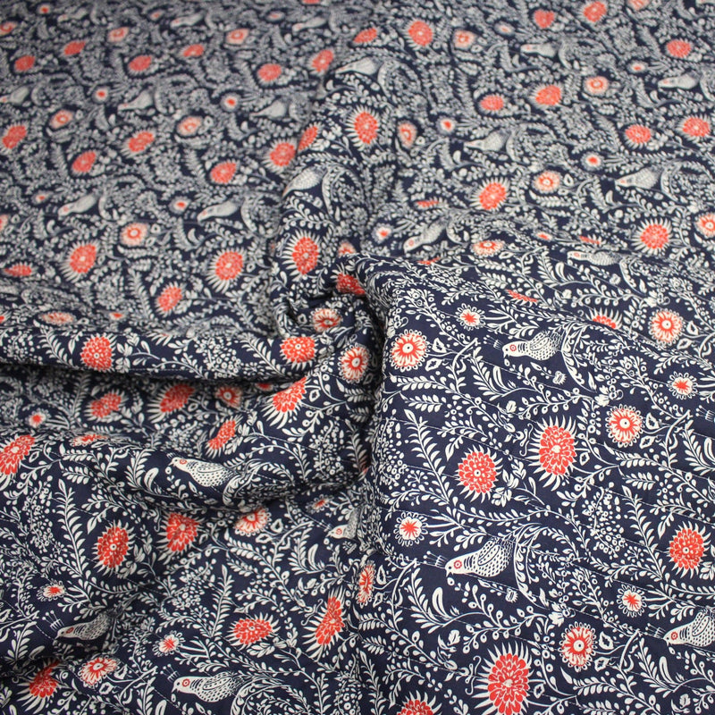 Tissu matelassé motif fleuri indien bleu roi & blanc - COLLECTION KALAMKARI - OEKO - TEX - TissusPapi.com