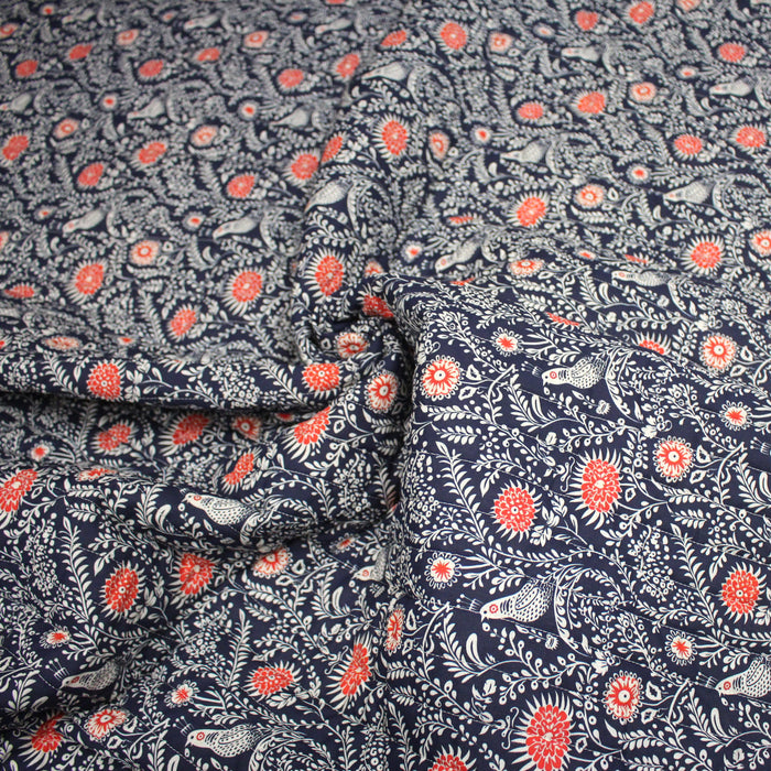 Tissu matelassé motif fleuri indien bleu roi & blanc - COLLECTION KALAMKARI - OEKO-TEX