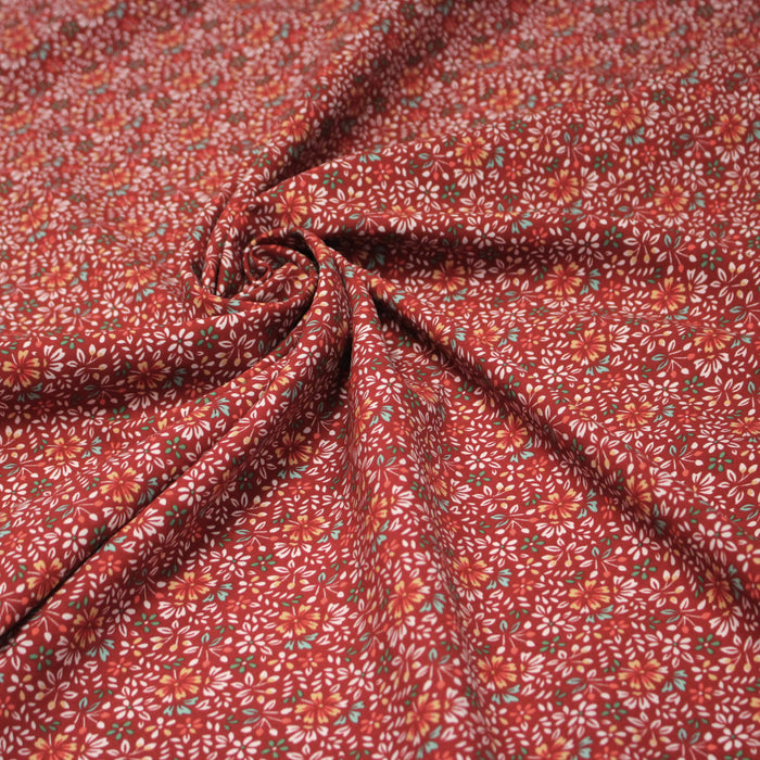 Tissu popeline de viscose rouge aux fines fleurs blanches et jaunes - Fabrication française - OEKO-TEX