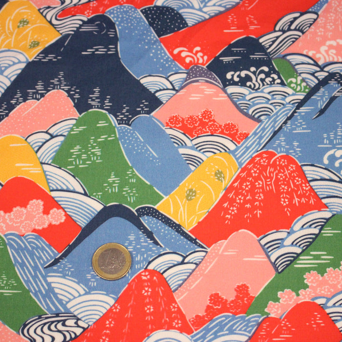 Tissu YAMA, Montagnes japonaises multicolores : cotonnade ou gabardine - OEKO-TEX