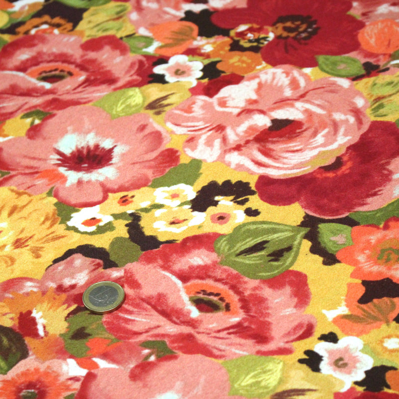 Tissu gabardine coton imprimée fleuri Vintage jaune, rouge, rose - OEKO - TEX STANDARD 100 - TissusPapi.com