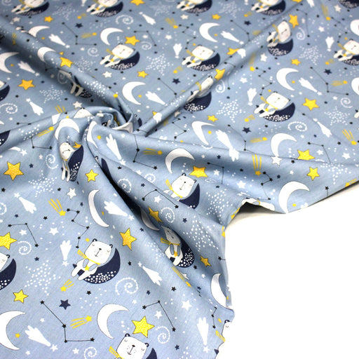 Tissu popeline coton Les ours dans la lune, tons bleus & jaunes - TissusPapi.com