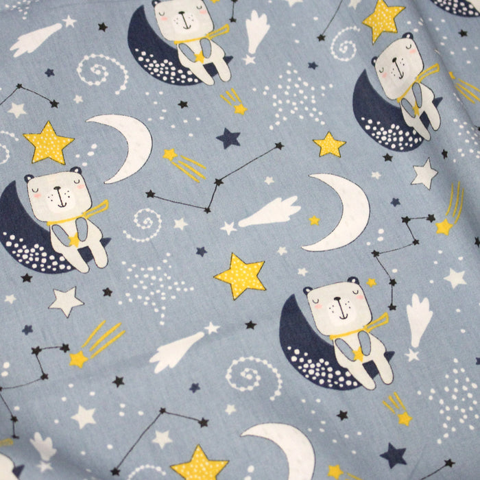 Tissu popeline coton Les ours dans la lune, tons bleus & jaunes - TissusPapi.com