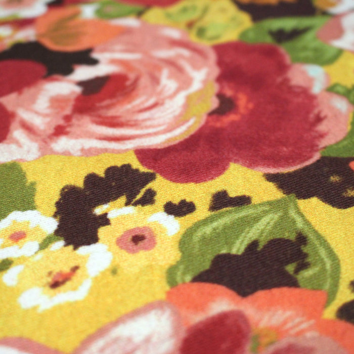 Tissu gabardine coton imprimée fleuri Vintage jaune, rouge, rose - OEKO-TEX STANDARD 100