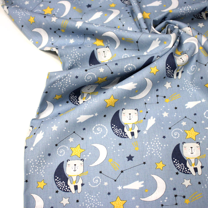 Tissu popeline coton Les ours dans la lune, tons bleus & jaunes - TissusPapi.com