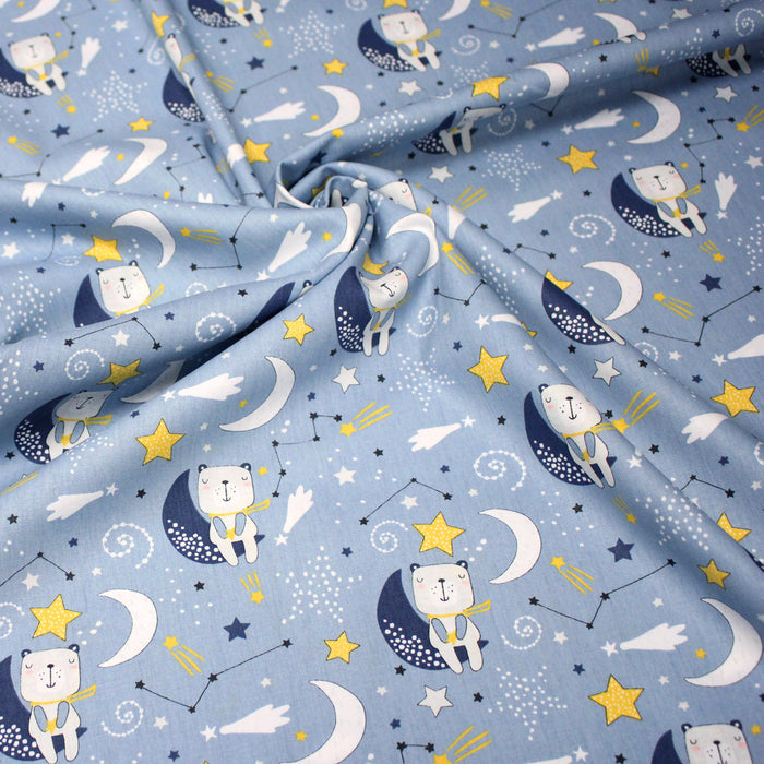 Tissu popeline coton Les ours dans la lune, tons bleus & jaunes - TissusPapi.com