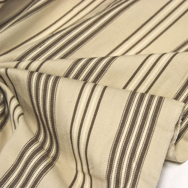 Tissu toile à matelas coton PERROS aux 4 rayures marron et écrues, fond beige clair