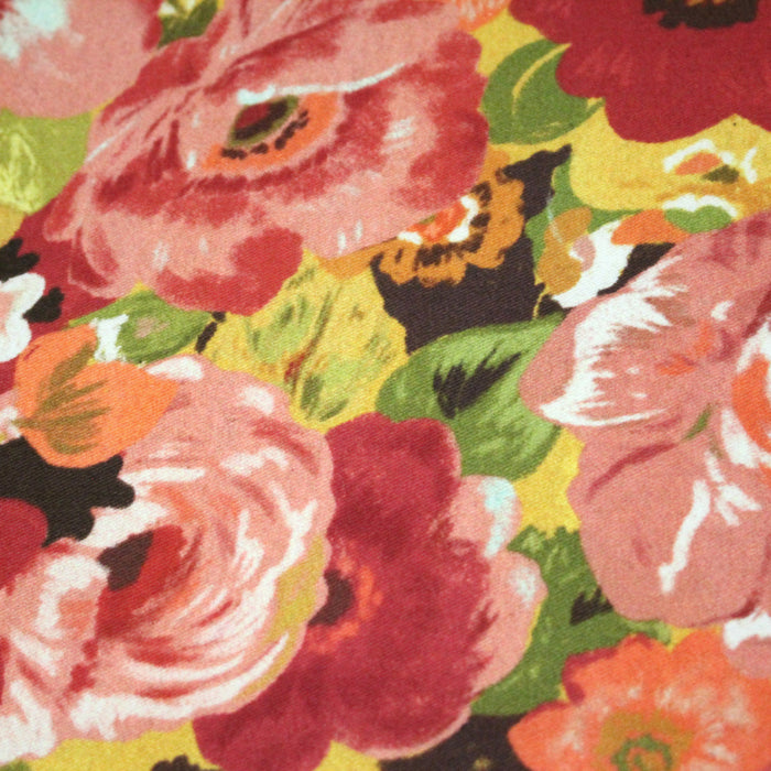 Tissu gabardine coton imprimée fleuri Vintage jaune, rouge, rose - OEKO-TEX STANDARD 100
