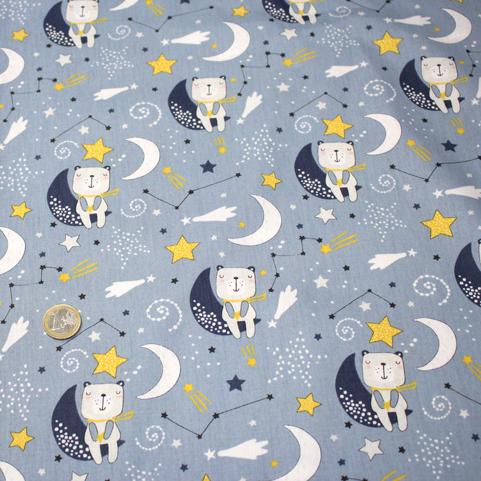 Tissu popeline coton Les ours dans la lune, tons bleus & jaunes - TissusPapi.com
