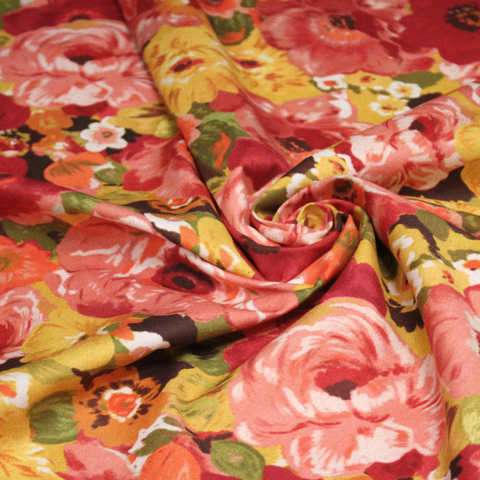 Tissu gabardine coton imprimée fleuri Vintage jaune, rouge, rose - OEKO-TEX STANDARD 100