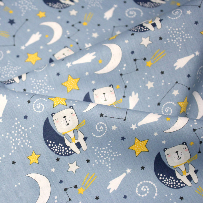 Tissu popeline coton Les ours dans la lune, tons bleus & jaunes - TissusPapi.com