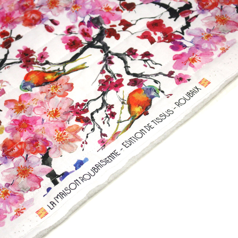 Tissu matelassé motif jardin japonais GUNMA oiseaux et fleurs de cerisier - OEKO - TEX - TissusPapi.com