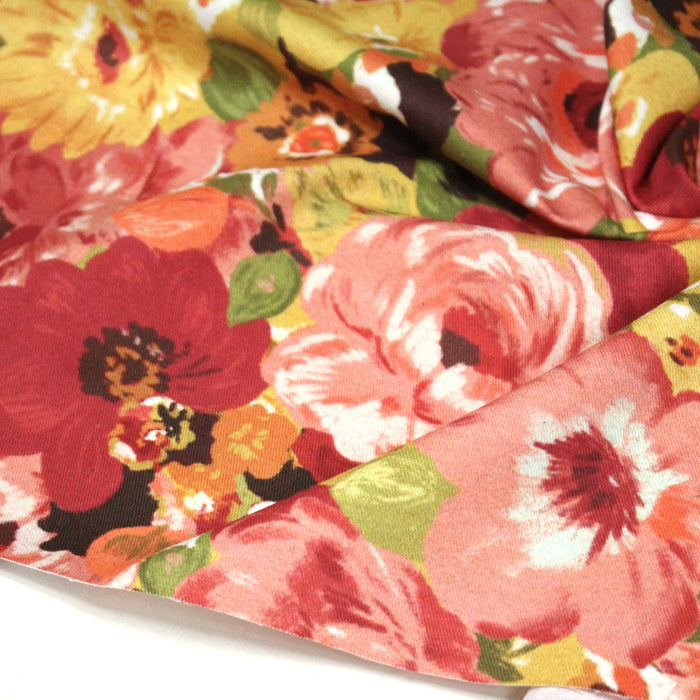 Tissu gabardine coton imprimée fleuri Vintage jaune, rouge, rose - OEKO-TEX STANDARD 100